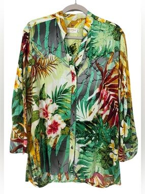 Jams World Hawaiian Tropical Print Button Up Tunic Blouse Size Large
